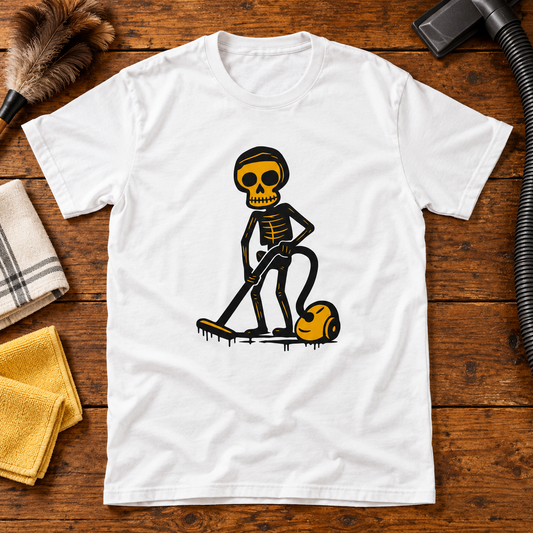 Themed flat-lay photograph of Siivooja - T-paita with accessories related to its printed design.