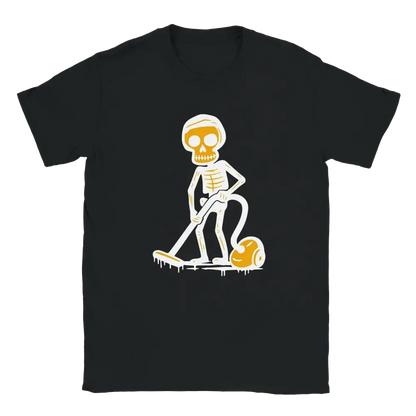 Mustavalkoinen Siivooja T-paita cartoon-skeleton vacuuming päällä