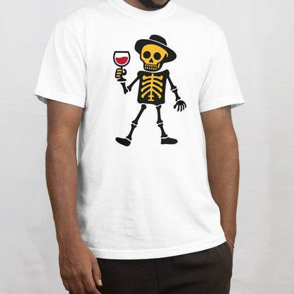 Sivistynyt T-paita valkoinen short-sleeve crew neck skeleton ja viinilasi grafiikalla