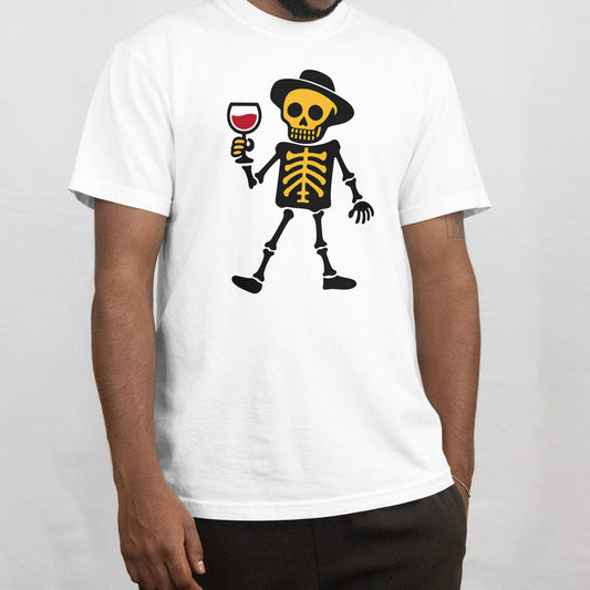 Sivistynyt T-paita valkoinen short-sleeve crew neck skeleton ja viinilasi grafiikalla