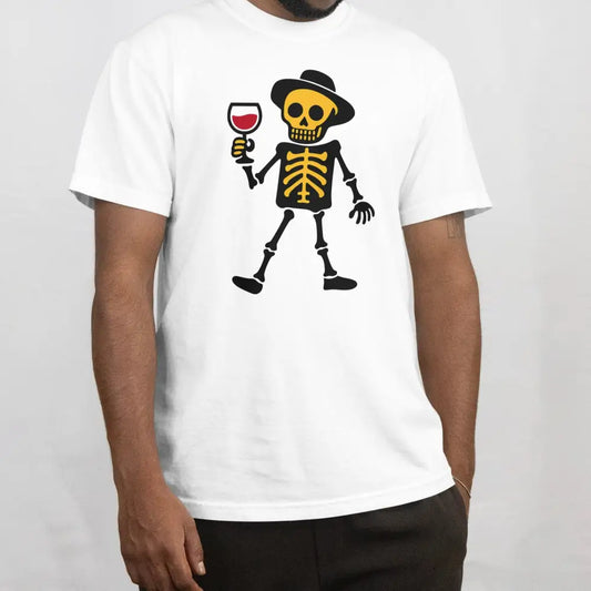 Sivistynyt T-paita valkoinen short-sleeve crew neck skeleton ja viinilasi grafiikalla