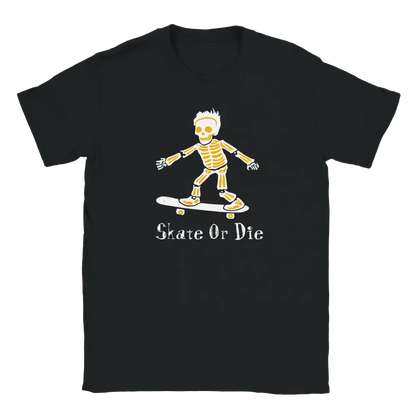 Musta t-paita, jonka printissä skeittaava luuranko ja Skate Or Die -teksti.