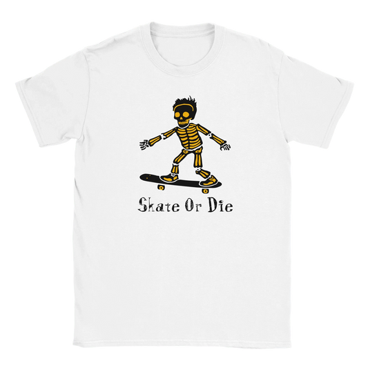 Valkoinen T-paita Skeleton skateboarding ja Skate Or Die tekstillä