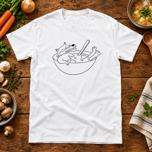 Themed flat-lay photograph of Soup Of The Day - T-paita with accessories related to its printed design.
