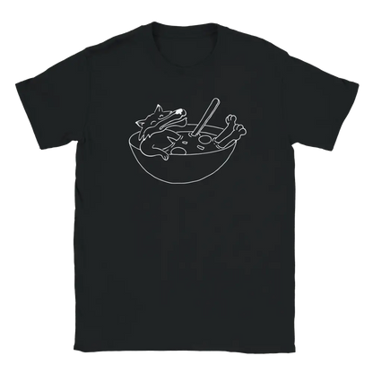 Black T-shirt featuring a fox reclining in a soup bowl.