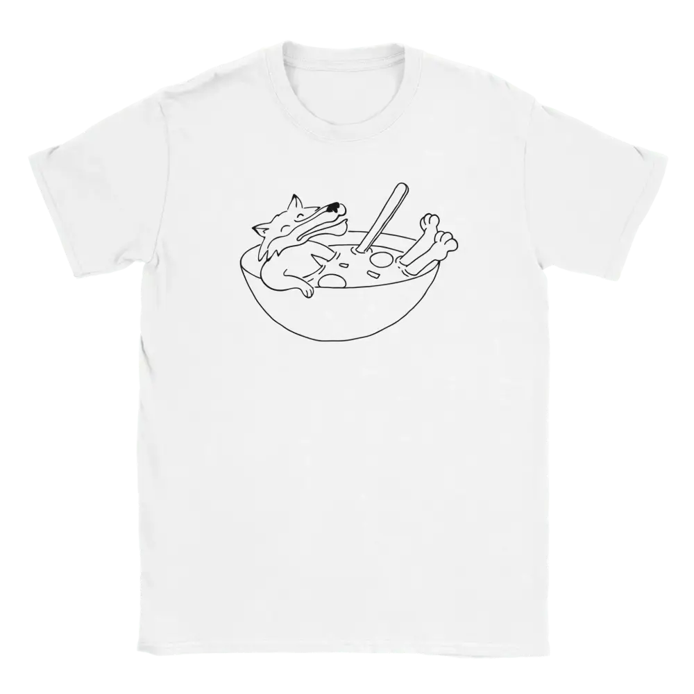 Valkoinen T-paita mustalla suden piirroksella ja keitossa, Soup Of The Day - T-paita