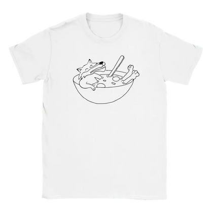 White T-shirt featuring a fox reclining in a soup bowl.