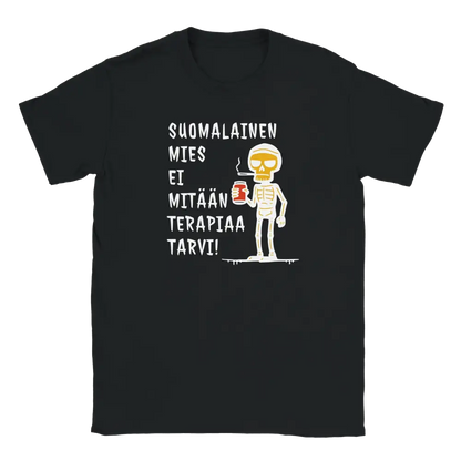 Musta t-paita, jonka printissä luuranko tölkin kanssa ja teksti Suomalainen mies ei mitään terapiaa tarvi.