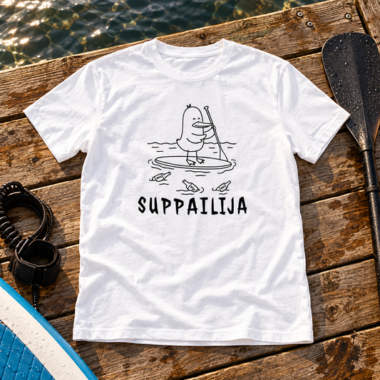 Themed flat-lay photograph of Suppailija - T-paita with accessories related to its printed design.