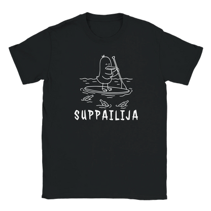Suppailija T-paita mustavalkoinen ankka stand-up paddling ja pulloja ympärillä