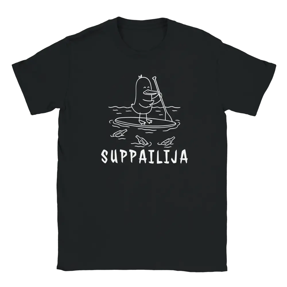 Suppailija T-paita mustavalkoinen ankka stand-up paddling ja pulloja ympärillä