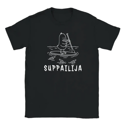 Suppailija T-paita mustavalkoinen ankka stand-up paddling ja pulloja ympärillä