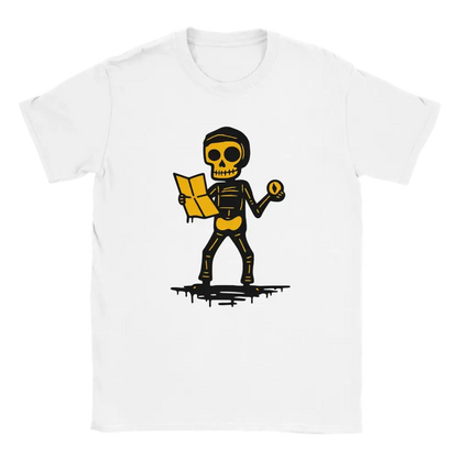 Suunnistaja T-paita, valkoinen crew-neck t-paita, skeletoni kartan ja kompassin kanssa