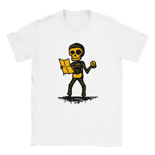 Suunnistaja T-paita, valkoinen crew-neck t-paita, skeletoni kartan ja kompassin kanssa