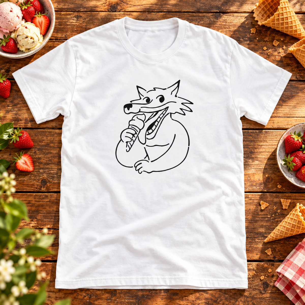 Themed flat-lay photograph of Sweet Beast - T-paita with accessories related to its printed design.