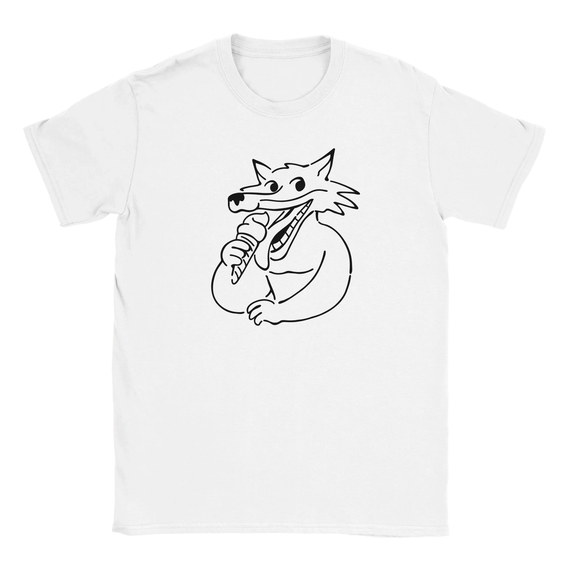 Valkoinen lyhythihainen T-paita jossa cartoon-susi syö jäätelöä, nimeltä Sweet Beast