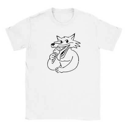 White T-shirt featuring a fox eating ice cream.