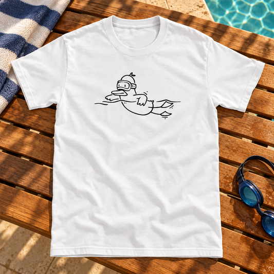 Themed flat-lay photograph of Swim Quack - T-paita with accessories related to its printed design.