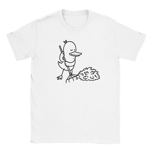 Valkoinen lyhythihainen crew neck T-paita Cartoon Duck raking leaves Syksyn Sankari