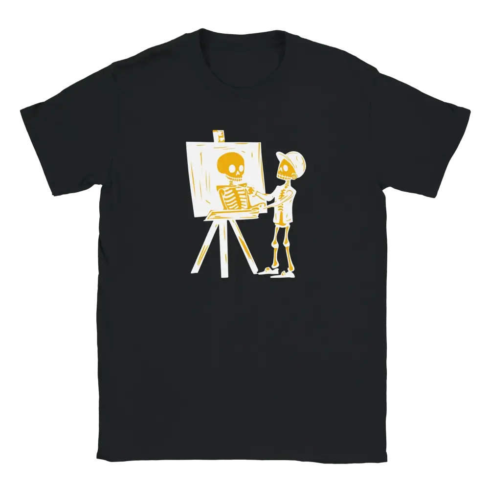 Mustavalkoinen T-paita Skeletonin maalaus ja maalaava Skeletoni Taiteilija T-paita