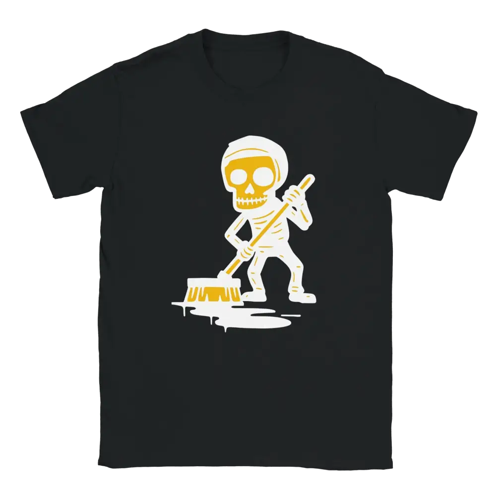 Musta T-paita Talkkari Skeleton-hahmolla lakaisee lätäkköä, tuote shown