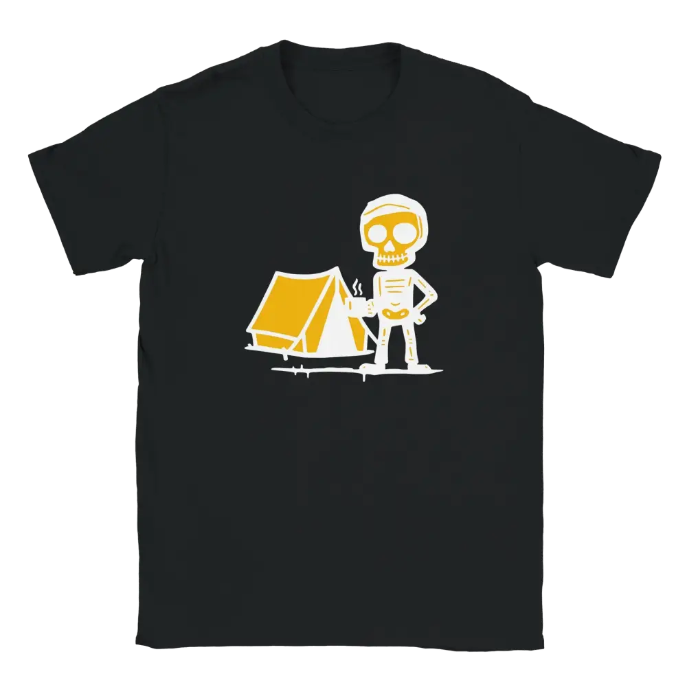 Musta T-paita Skeleton Camping -designilla Telttailija T-paita