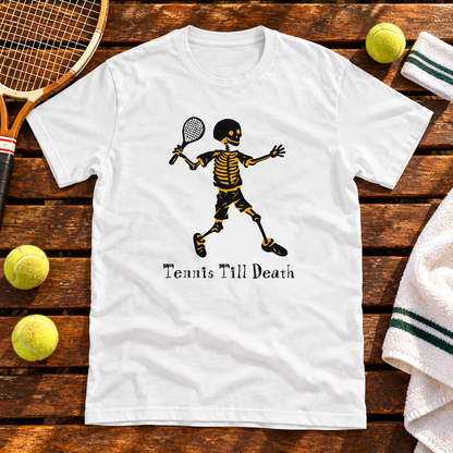 Themed flat-lay photograph of Tennis Till Death - T-paita with accessories related to its printed design.