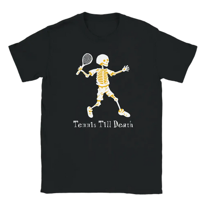 Black T-shirt featuring a skeleton playing tennis.