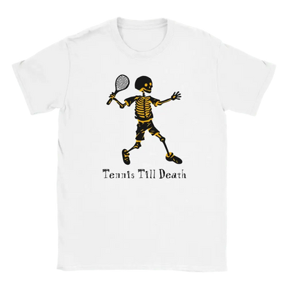 White T-shirt featuring a skeleton playing tennis.