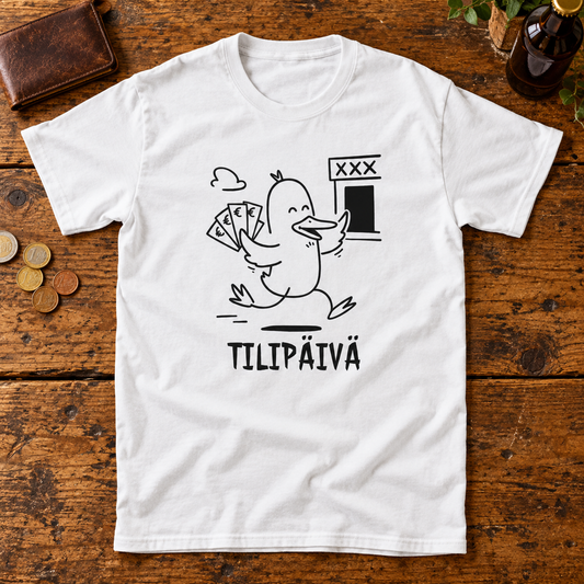 Themed flat-lay photograph of Tilipäivän Sankari - T-paita with accessories related to its printed design.