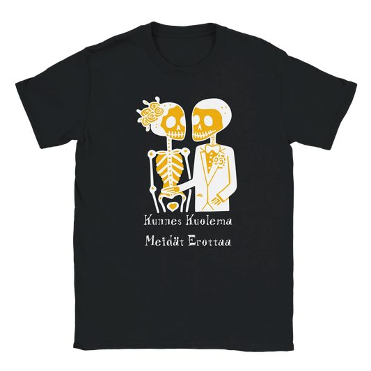 Musta T-paita Skeleton Couple -designilla Till Death Do Us Part -tuotenimellä