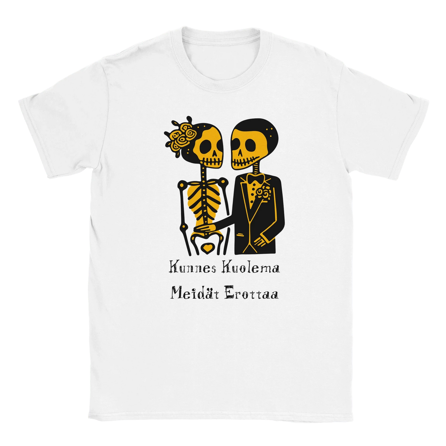Valkoinen T-paita skeletti-parin designilla Till Death Do Us Part - T-paita