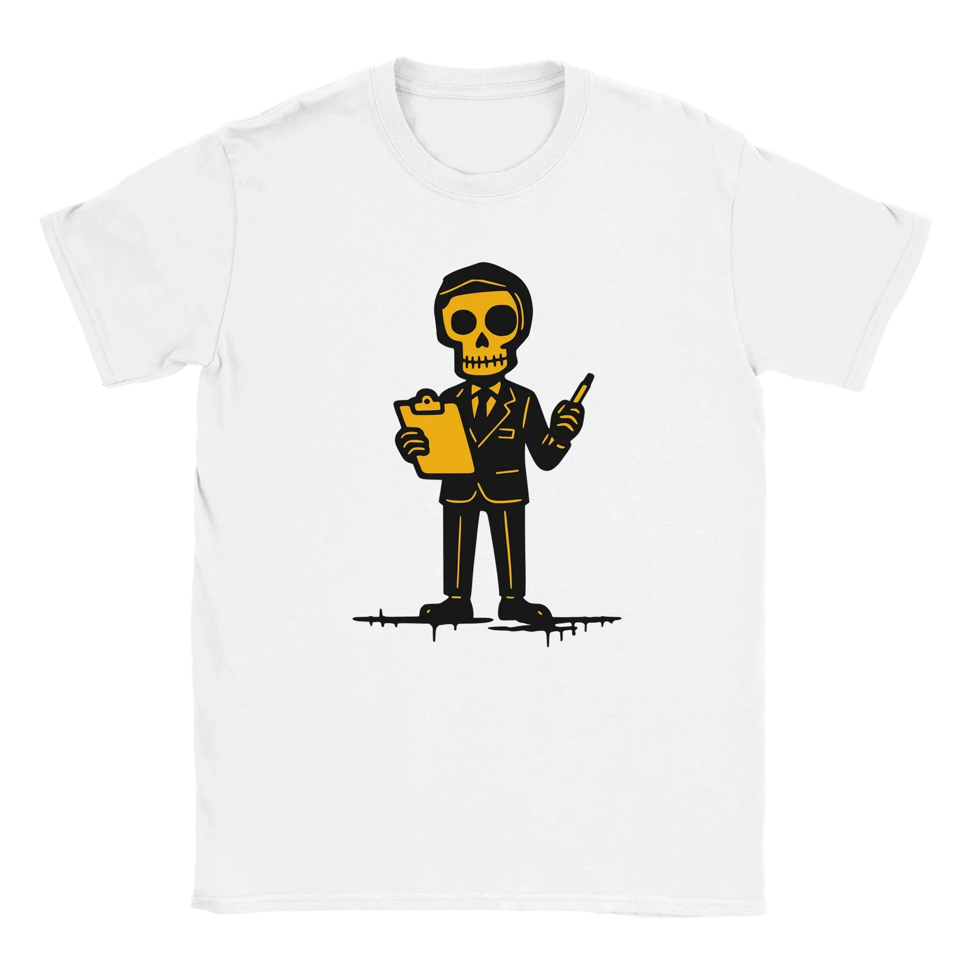 Valkoinen lyhythihainen crewneck T-paita Toimistotyöntekijä Skeleton in suit with clipboard