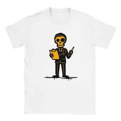 Valkoinen lyhythihainen crewneck T-paita Toimistotyöntekijä Skeleton in suit with clipboard