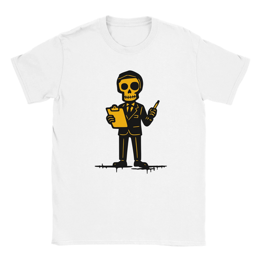 Valkoinen lyhythihainen crewneck T-paita Toimistotyöntekijä Skeleton in suit with clipboard
