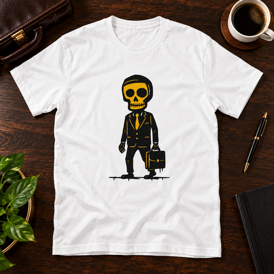 White executive skeleton T-shirt on a desk with a briefcase, notebook, pen and coffee.