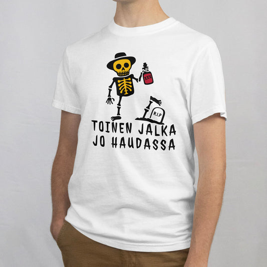 Valkoinen Toinen Jalka Jo Haudassa T-paita skeletokuvalla