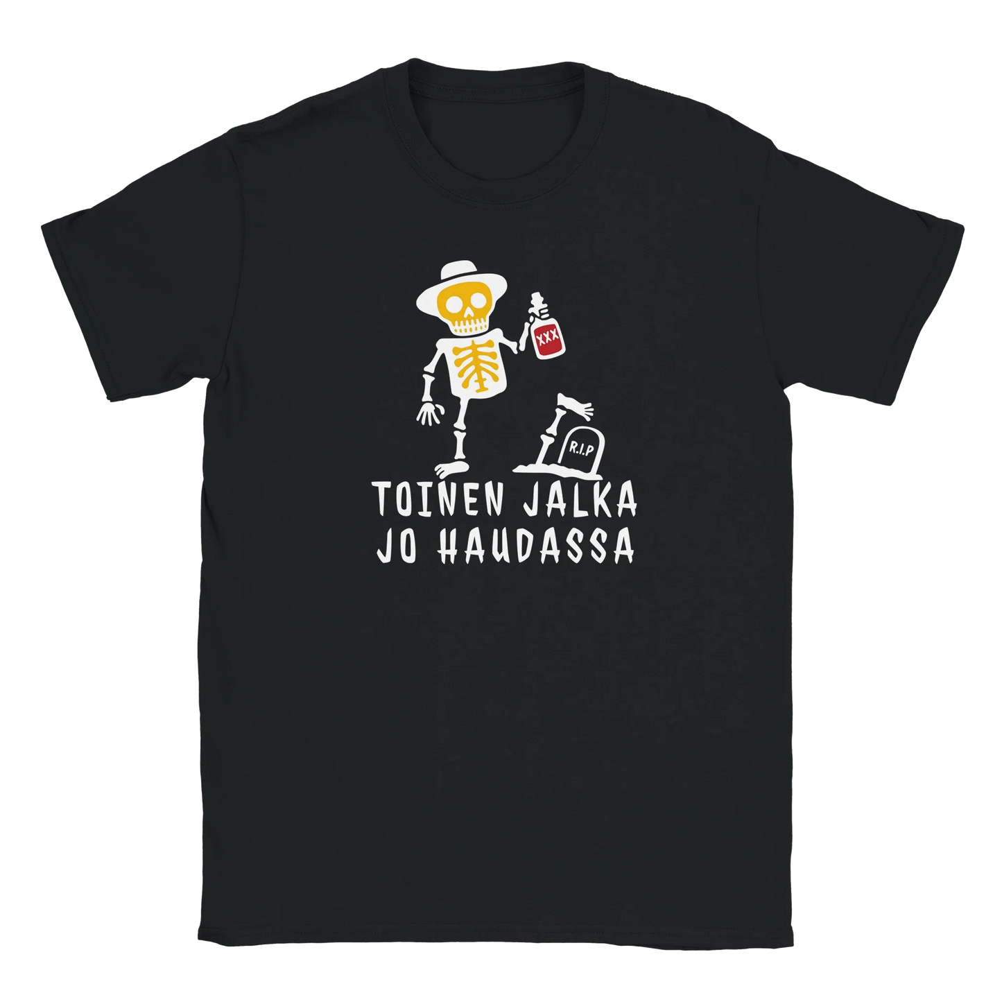 Musta lyhythihainen T-paita Skeleton-kuvalla Toinen Jalka Jo Haudassa -T-paita