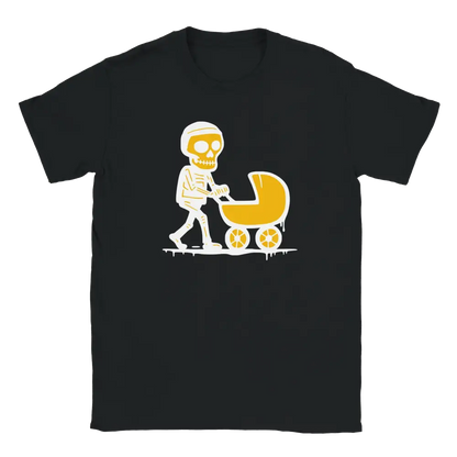 Black T-shirt featuring a skeleton pushing a yellow stroller.