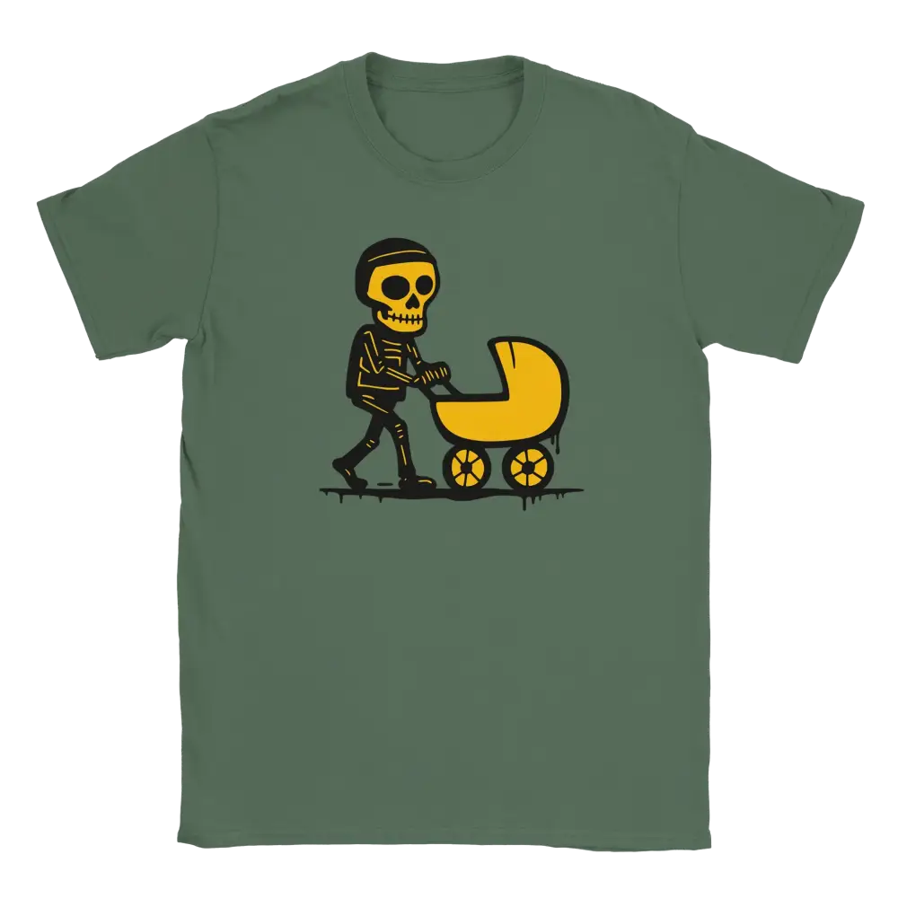 Green T-shirt featuring a skeleton pushing a yellow stroller.