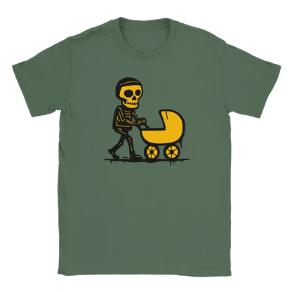 Green T-shirt featuring a skeleton pushing a yellow stroller.