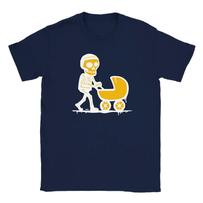 Navy blue T-shirt featuring a skeleton pushing a yellow stroller.