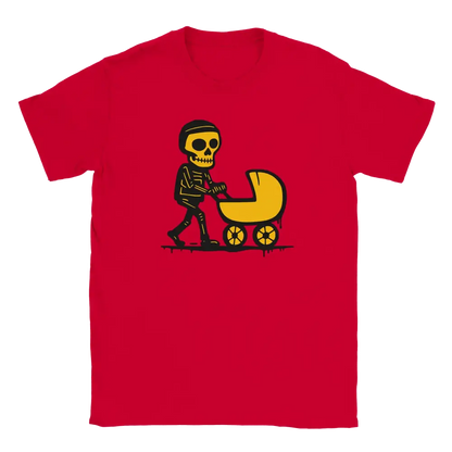 Red T-shirt featuring a skeleton pushing a yellow stroller.