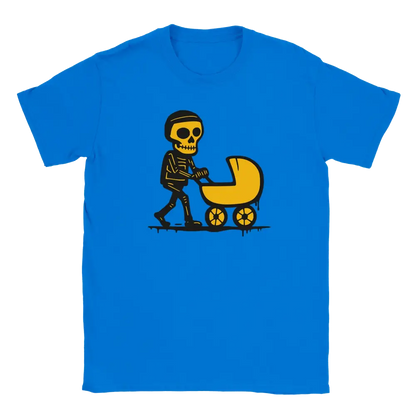 Blue T-shirt featuring a skeleton pushing a yellow stroller.