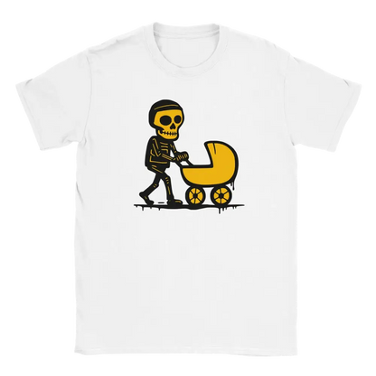White T-shirt featuring a skeleton pushing a yellow stroller.