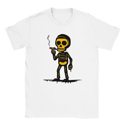 Valkoinen T-paita Cartoon-skeletonilla ja sikarilla Tupakoija T-paita tuotemerkki
