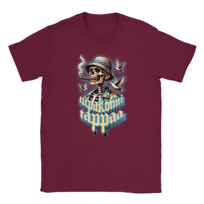 Maroon T-shirt featuring a skull wearing a hat amid smoke beside the Finnish words Tupakointi tappaa.