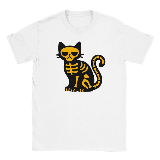 Valkoinen T-shirt mustalla ja keltaisella luurankokissakuvalla Tympeä Kissa - T-paita