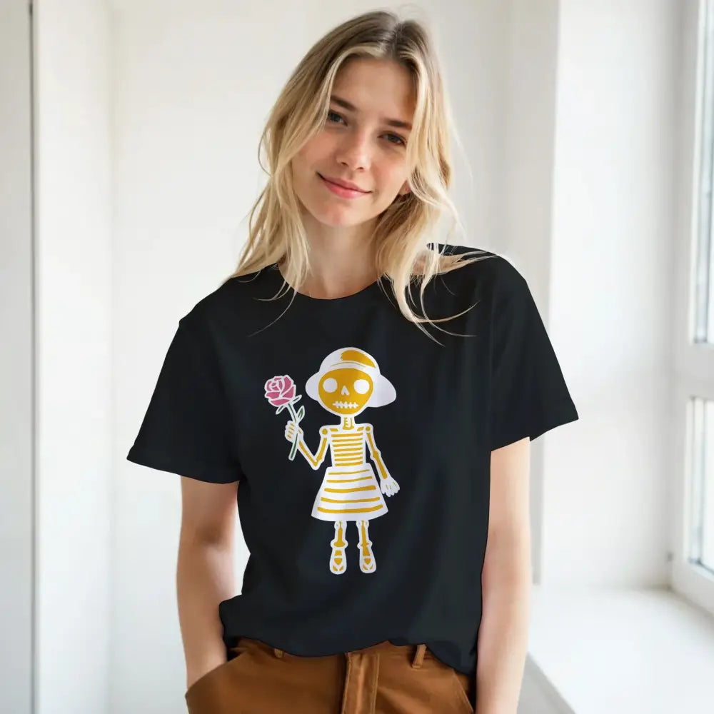 Musta naisten Tyttö ja Ruusu - Naisten T-paita, crew-neck, cartoon skeleton graphics