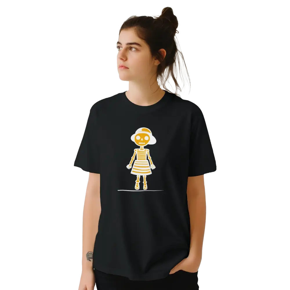 Mustavalkoinen naisten T-paita, keltainen luurankokuvio, Tyttö - Naisten T-paita